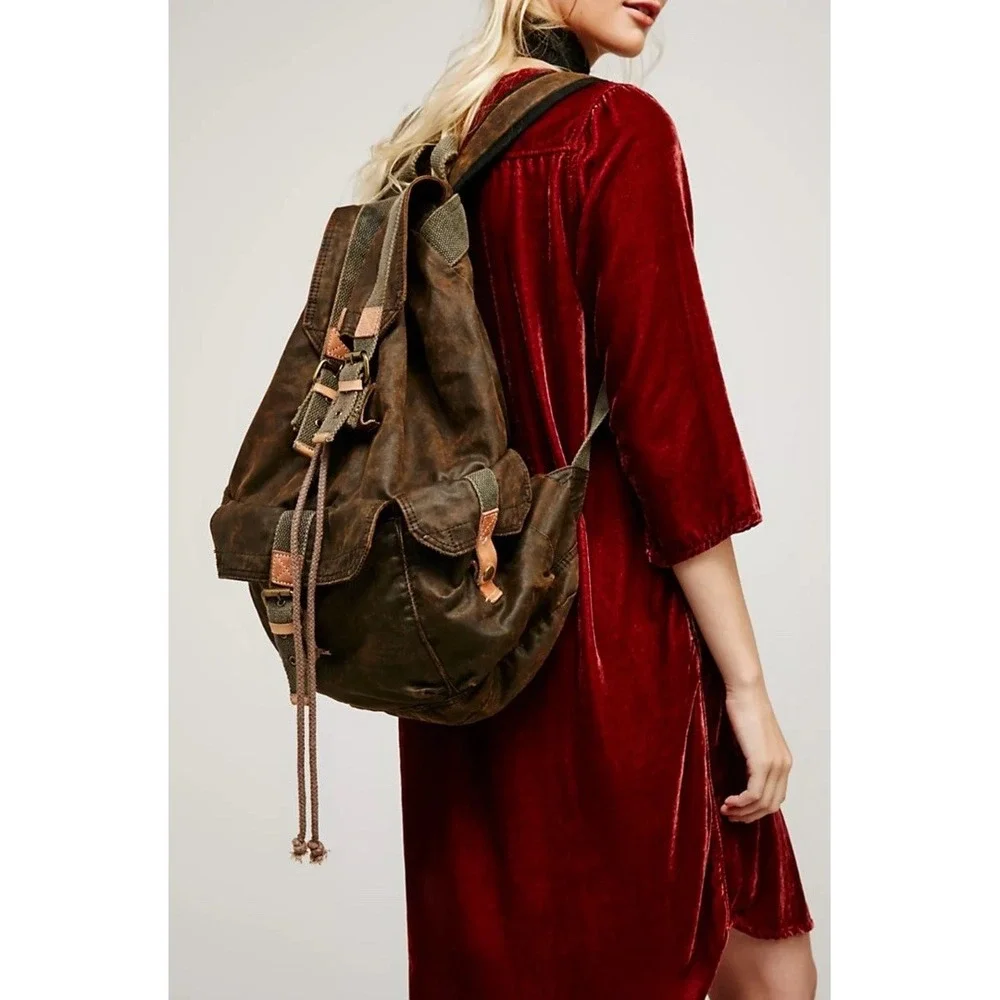Bed Stu Ohara Large Canvas Backpack Hand Distressed Leather Trim Black Oil Slick